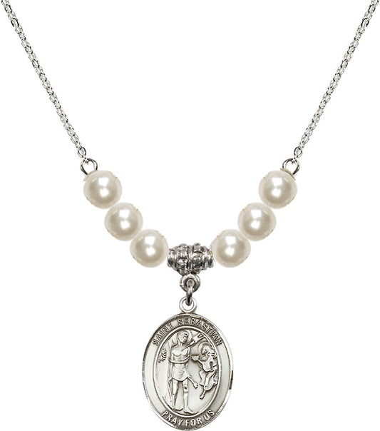 Sterling Silver Saint Sebastian Birthstone Necklace with Faux-Pearl Beads - 8100