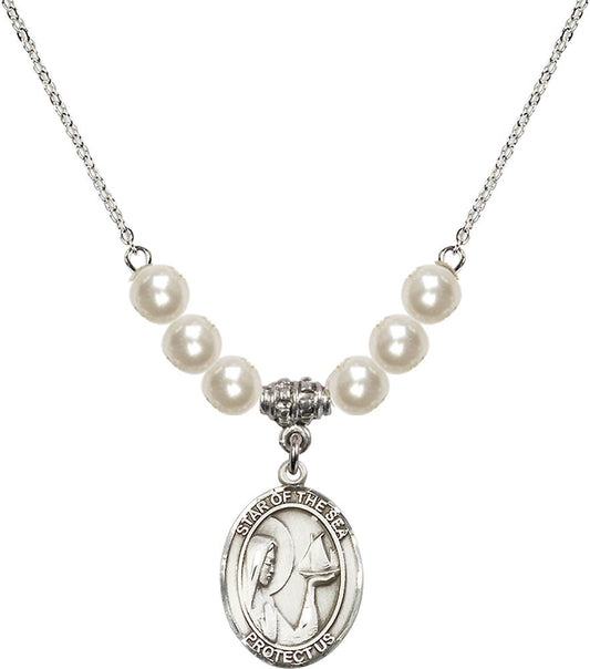 Sterling Silver Our Lady Star of the Sea Birthstone Necklace with Faux-Pearl Beads - 8101