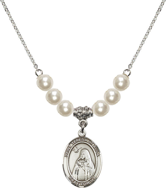 Sterling Silver Saint Teresa of Avila Birthstone Necklace with Faux-Pearl Beads - 8102