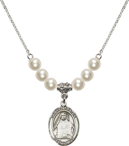 Sterling Silver Saint Edith Stein Birthstone Necklace with Faux-Pearl Beads - 8103