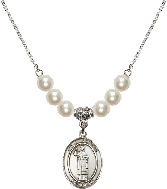 Sterling Silver Saint Stephen the Martyr Birthstone Necklace with Faux-Pearl Beads - 8104