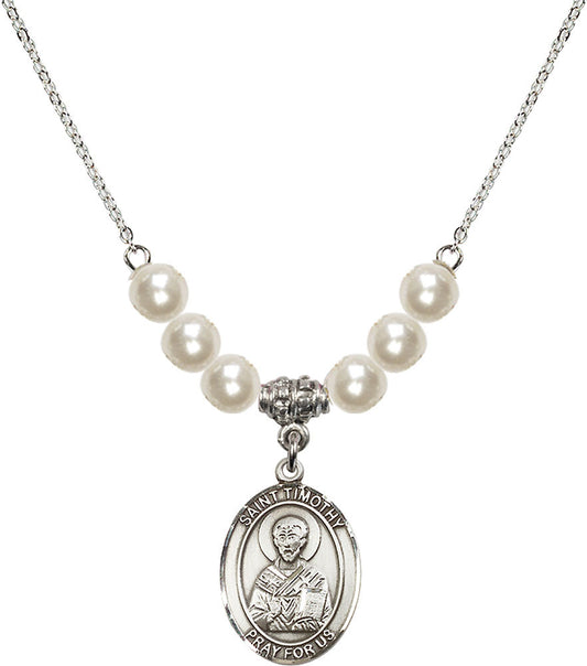 Sterling Silver Saint Timothy Birthstone Necklace with Faux-Pearl Beads - 8105