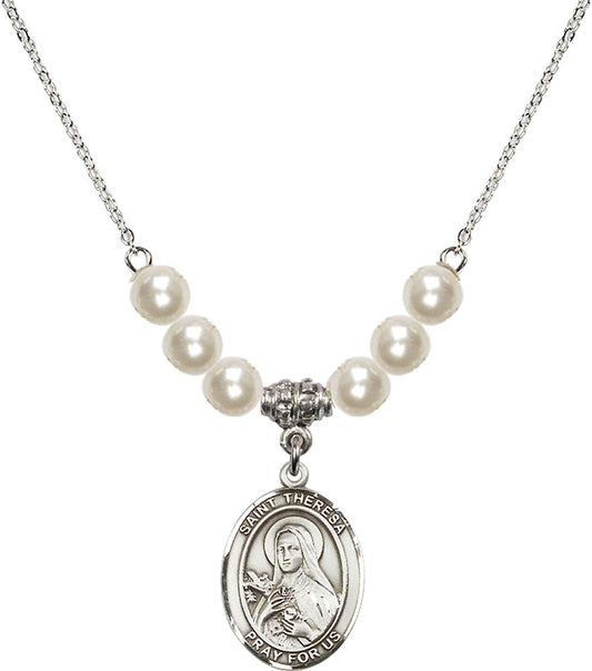 Sterling Silver Saint Theresa Birthstone Necklace with Faux-Pearl Beads - 8106