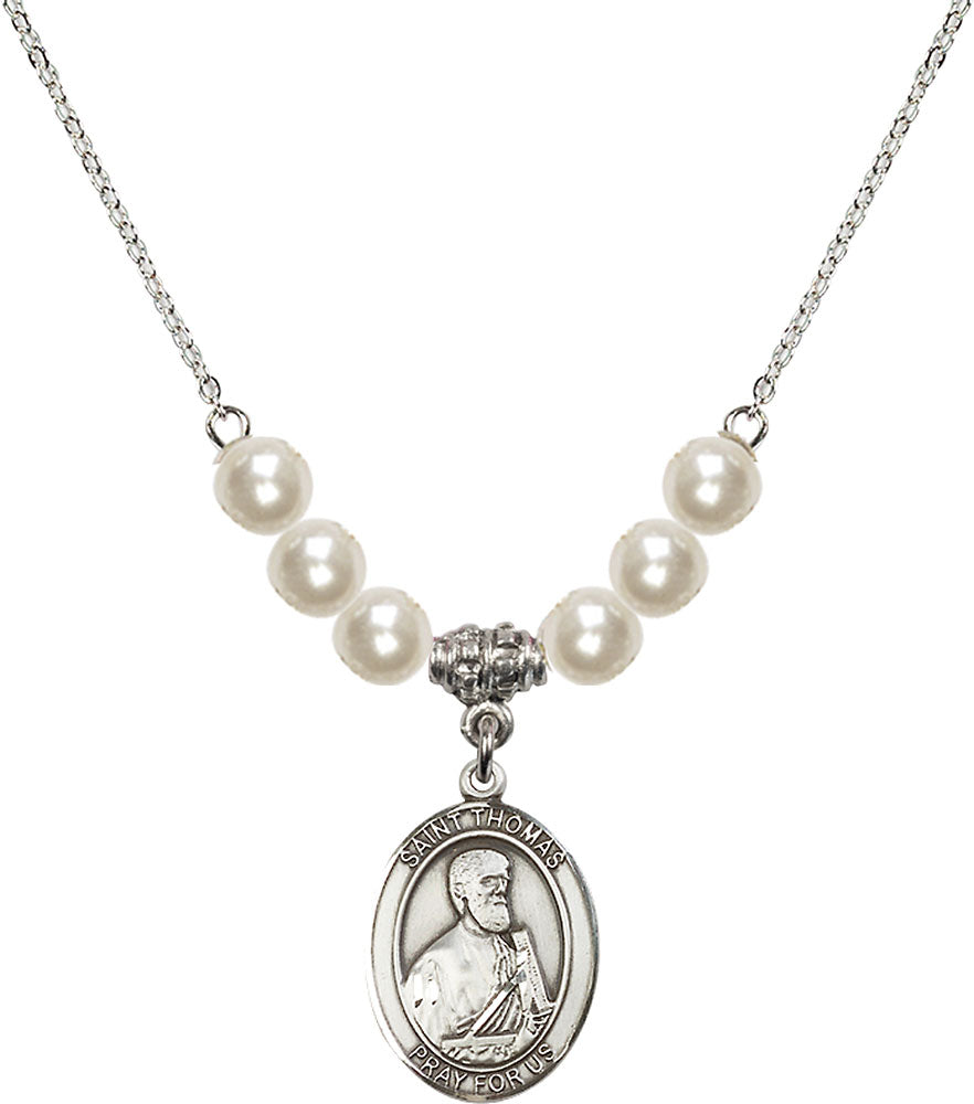 Sterling Silver Saint Thomas the Apostle Birthstone Necklace with Faux-Pearl Beads - 8107