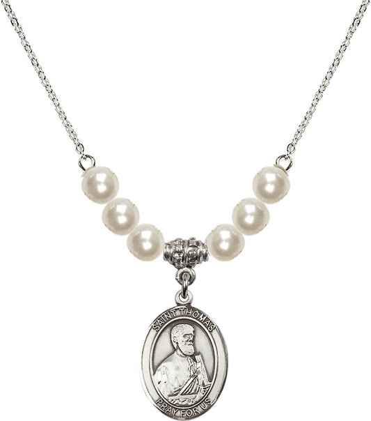 Sterling Silver Saint Thomas the Apostle Birthstone Necklace with Faux-Pearl Beads - 8107