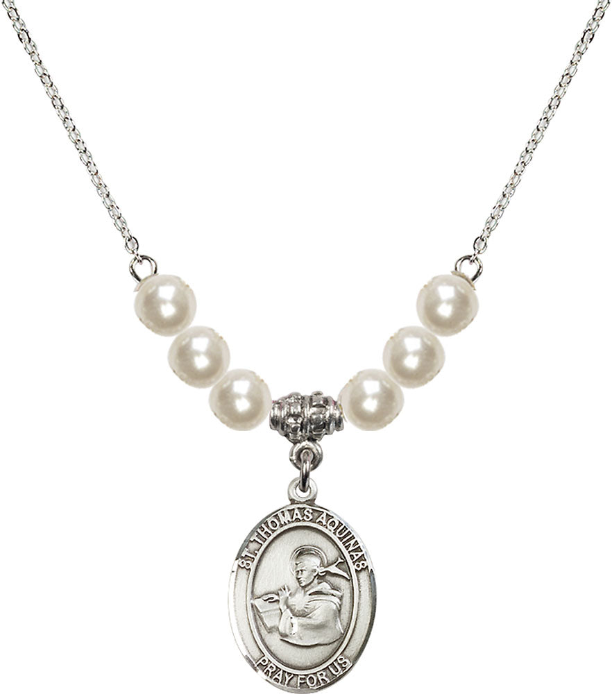 Sterling Silver Saint Thomas Aquinas Birthstone Necklace with Faux-Pearl Beads - 8108