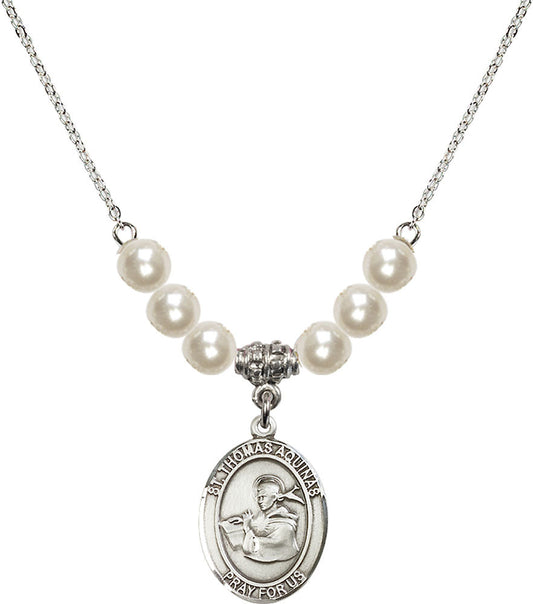 Sterling Silver Saint Thomas Aquinas Birthstone Necklace with Faux-Pearl Beads - 8108
