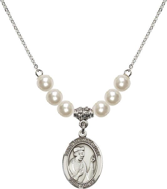 Sterling Silver Saint Thomas More Birthstone Necklace with Faux-Pearl Beads - 8109