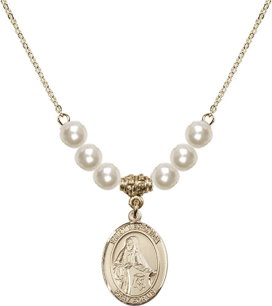 14kt Gold Filled Saint Veronica Birthstone Necklace with Faux-Pearl Beads - 8110