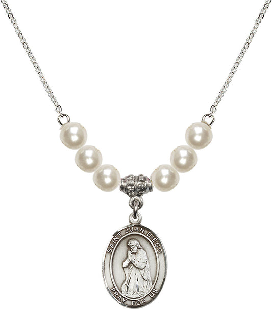 Sterling Silver Saint Juan Diego Birthstone Necklace with Faux-Pearl Beads - 8111