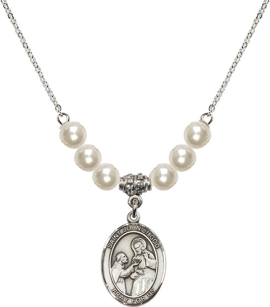 Sterling Silver Saint John of God Birthstone Necklace with Faux-Pearl Beads - 8112