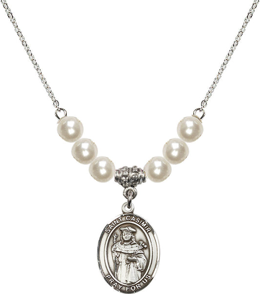 Sterling Silver Saint Casimir of Poland Birthstone Necklace with Faux-Pearl Beads - 8113