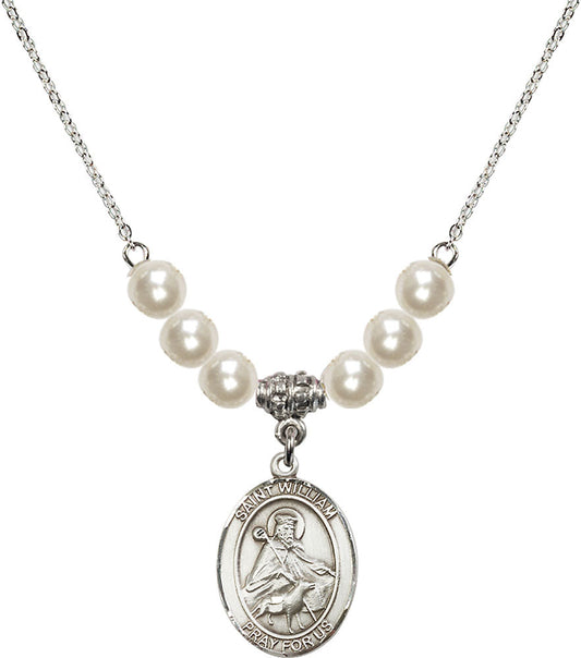 Sterling Silver Saint William of Rochester Birthstone Necklace with Faux-Pearl Beads - 8114