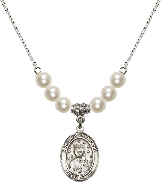 Sterling Silver Our Lady of la Vang Birthstone Necklace with Faux-Pearl Beads - 8115