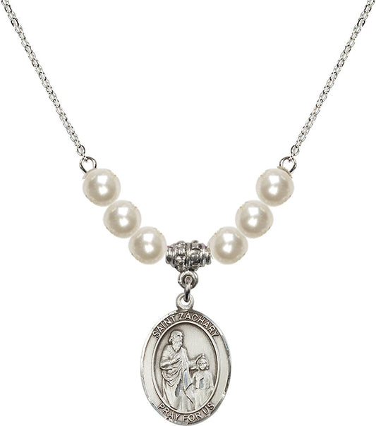 Sterling Silver Saint Zachary Birthstone Necklace with Faux-Pearl Beads - 8116