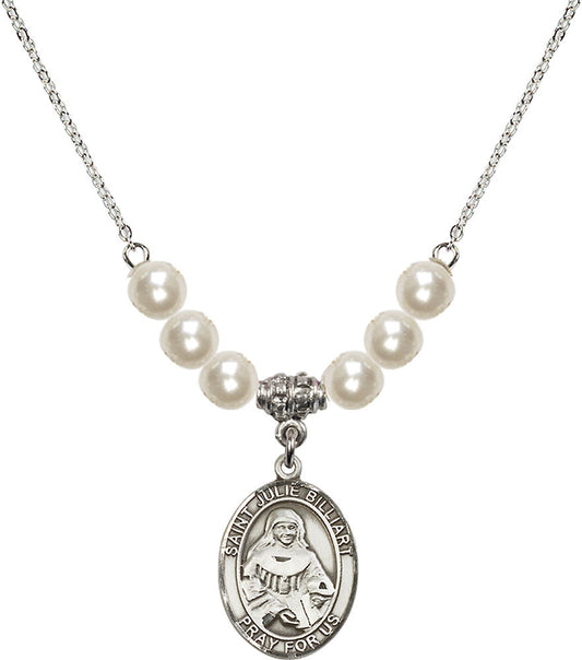 Sterling Silver Saint Julie Billiart Birthstone Necklace with Faux-Pearl Beads - 8117