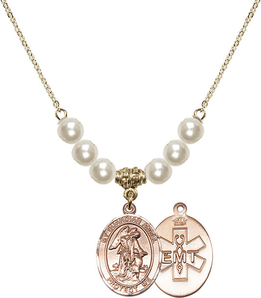 14kt Gold Filled Guardian Angel / EMT Birthstone Necklace with Faux-Pearl Beads - 8118
