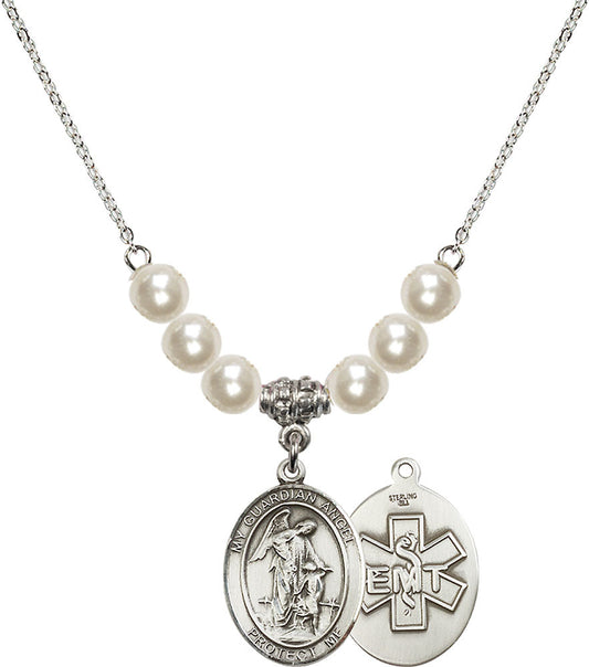 Sterling Silver Guardian Angel / EMT Birthstone Necklace with Faux-Pearl Beads - 8118