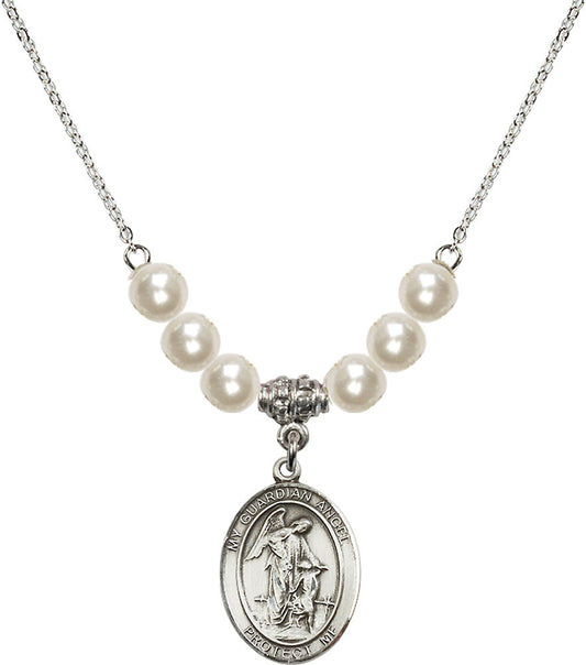 Sterling Silver Guardian Angel w/Child Birthstone Necklace with Faux-Pearl Beads - 8118