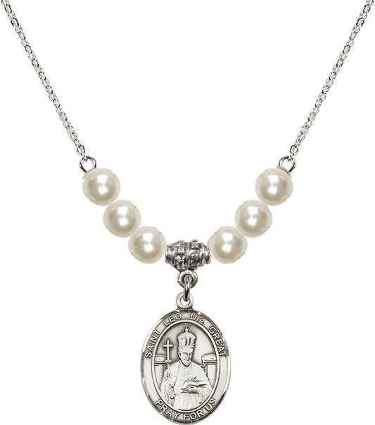 Sterling Silver Saint Leo the Great Birthstone Necklace with Faux-Pearl Beads - 8120