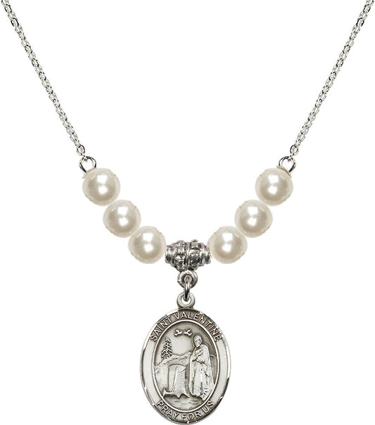 Sterling Silver Saint Valentine of Rome Birthstone Necklace with Faux-Pearl Beads - 8121