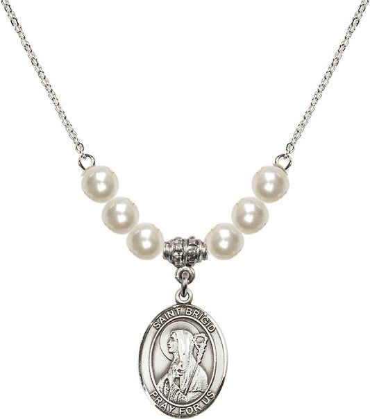 Sterling Silver Saint Brigid of Ireland Birthstone Necklace with Faux-Pearl Beads - 8123