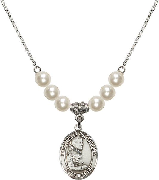 Sterling Silver Saint Pio of Pietrelcina Birthstone Necklace with Faux-Pearl Beads - 8125
