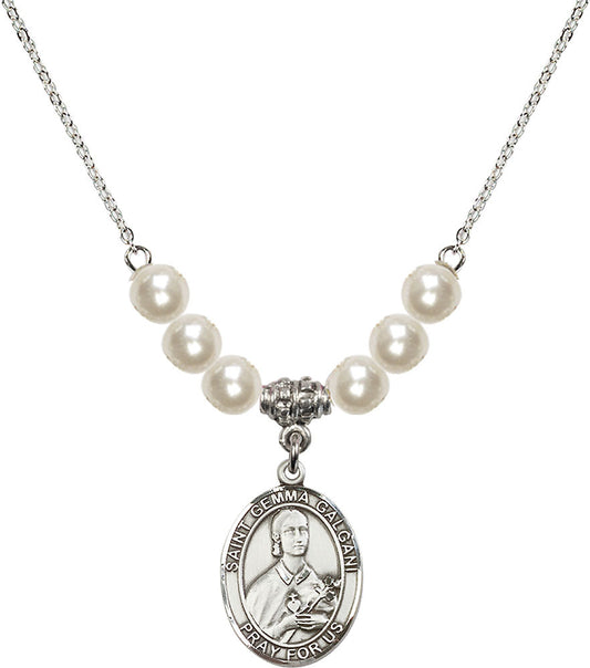 Sterling Silver Saint Gemma Galgani Birthstone Necklace with Faux-Pearl Beads - 8130