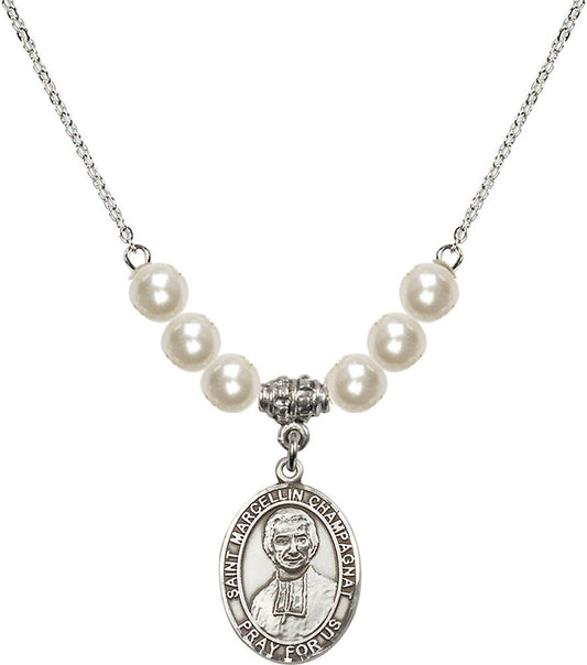 Sterling Silver Saint Marcellin Champagnat Birthstone Necklace with Faux-Pearl Beads - 8131