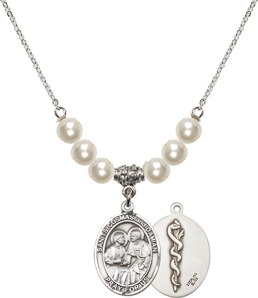Sterling Silver Saints Cosmas & Damian / Doctors Birthstone Necklace with Faux-Pearl Beads - 8132