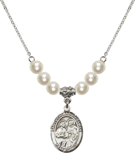 Sterling Silver Saints Cosmas & Damian Birthstone Necklace with Faux-Pearl Beads - 8132