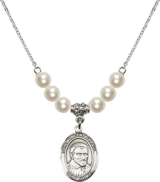 Sterling Silver Saint Vincent De Paul Birthstone Necklace with Faux-Pearl Beads - 8134
