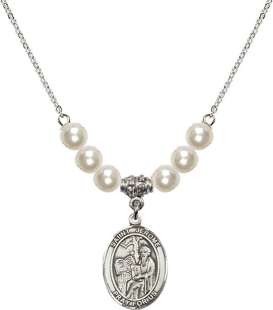 Sterling Silver Saint Jerome Birthstone Necklace with Faux-Pearl Beads - 8135
