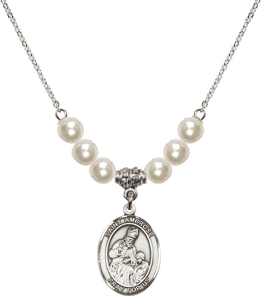 Sterling Silver Saint Ambrose Birthstone Necklace with Faux-Pearl Beads - 8137