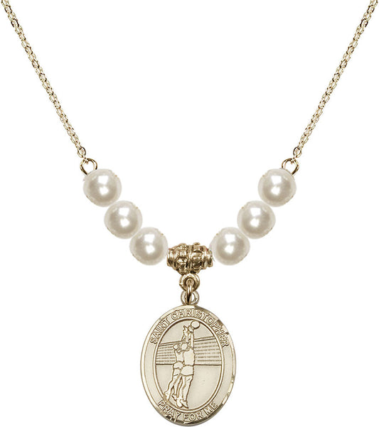 14kt Gold Filled Saint Christopher/Volleyball Birthstone Necklace with Faux-Pearl Beads - 8138