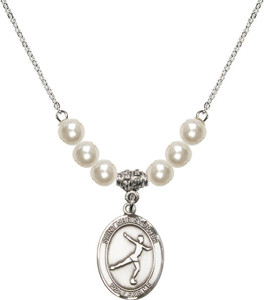 Sterling Silver Saint Christopher/Figure Skating Birthstone Necklace with Faux-Pearl Beads - 8139