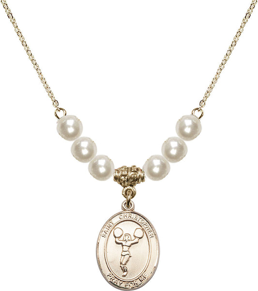 14kt Gold Filled Saint Christopher/Cheerleading Birthstone Necklace with Faux-Pearl Beads - 8140