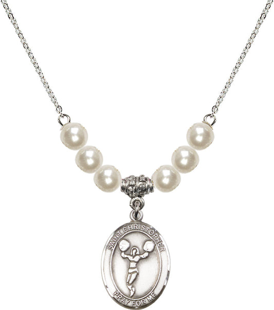Sterling Silver Saint Christopher/Cheerleading Birthstone Necklace with Faux-Pearl Beads - 8140