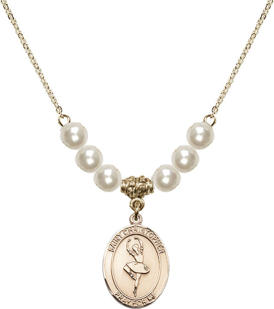 14kt Gold Filled Saint Christopher/Dance Birthstone Necklace with Faux-Pearl Beads - 8143