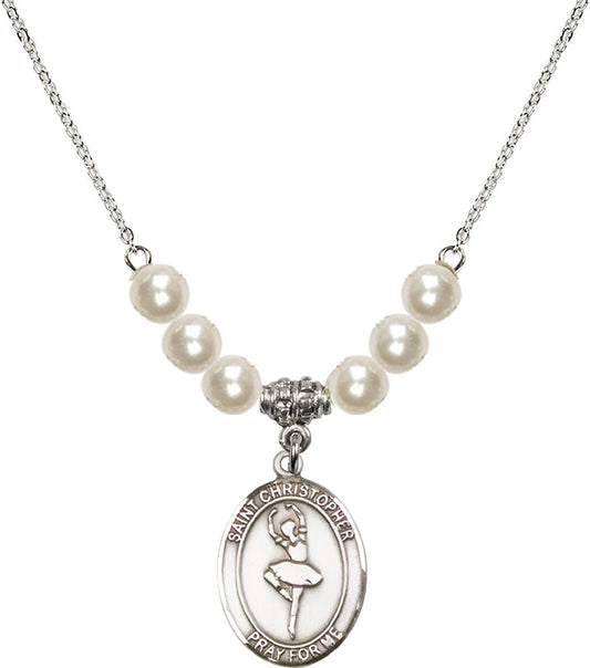 Sterling Silver Saint Christopher/Dance Birthstone Necklace with Faux-Pearl Beads - 8143