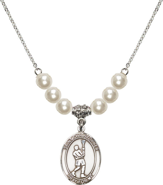 Sterling Silver Saint Christopher/Lacrosse Birthstone Necklace with Faux-Pearl Beads - 8144