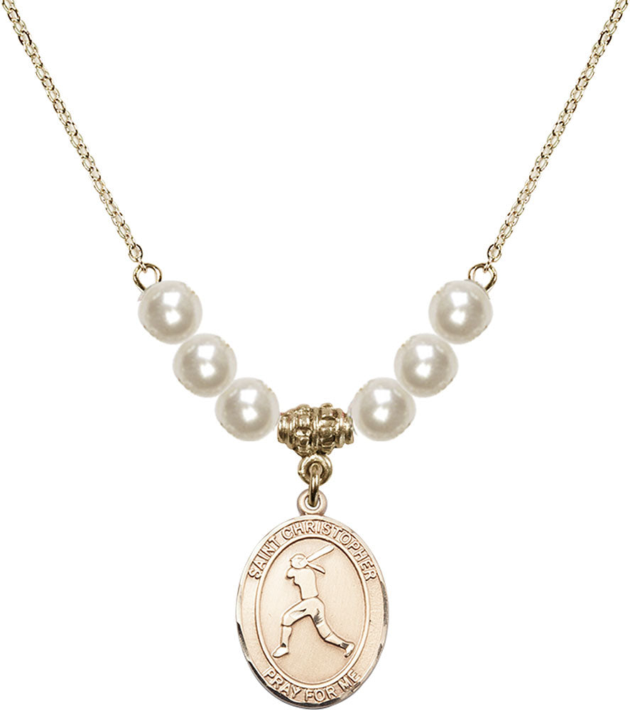 14kt Gold Filled Saint Christopher/Softball Birthstone Necklace with Faux-Pearl Beads - 8145