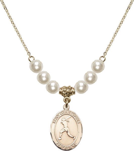 14kt Gold Filled Saint Christopher/Softball Birthstone Necklace with Faux-Pearl Beads - 8145