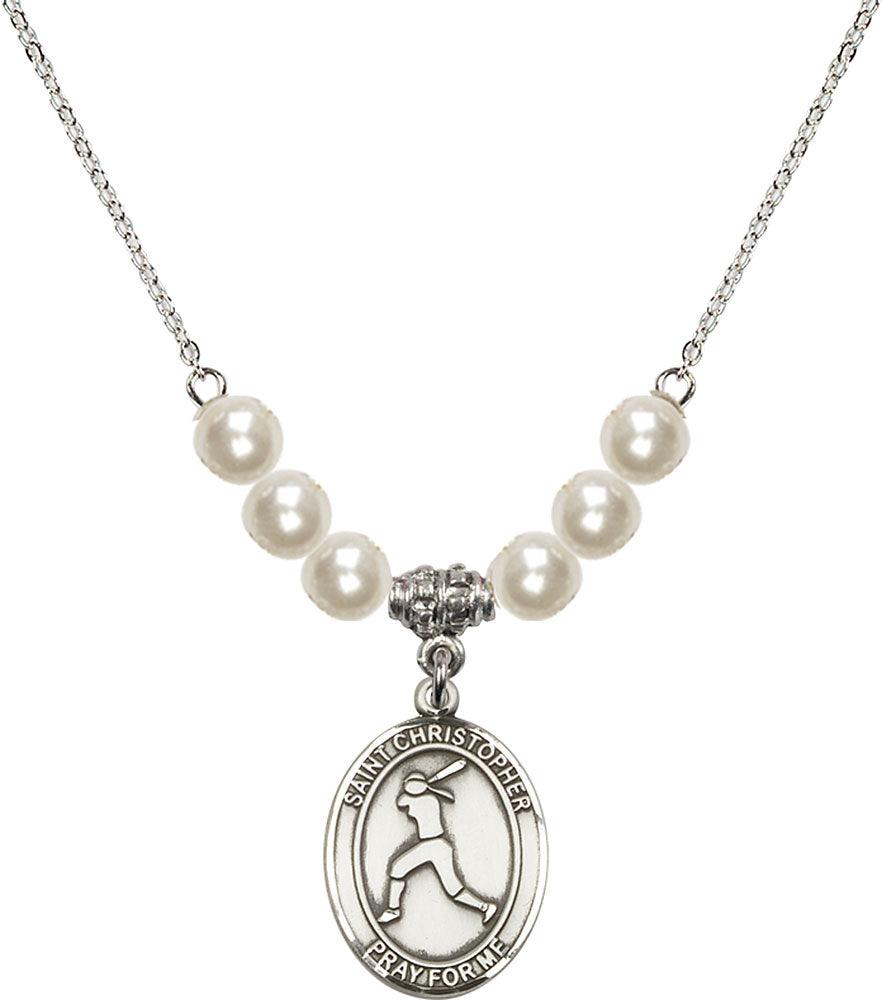 Sterling Silver Saint Christopher/Softball Birthstone Necklace with Faux-Pearl Beads - 8145