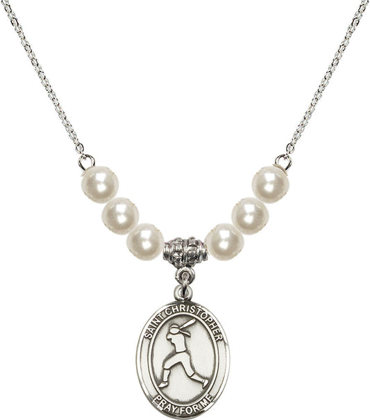 Sterling Silver Saint Christopher/Softball Birthstone Necklace with Faux-Pearl Beads - 8145