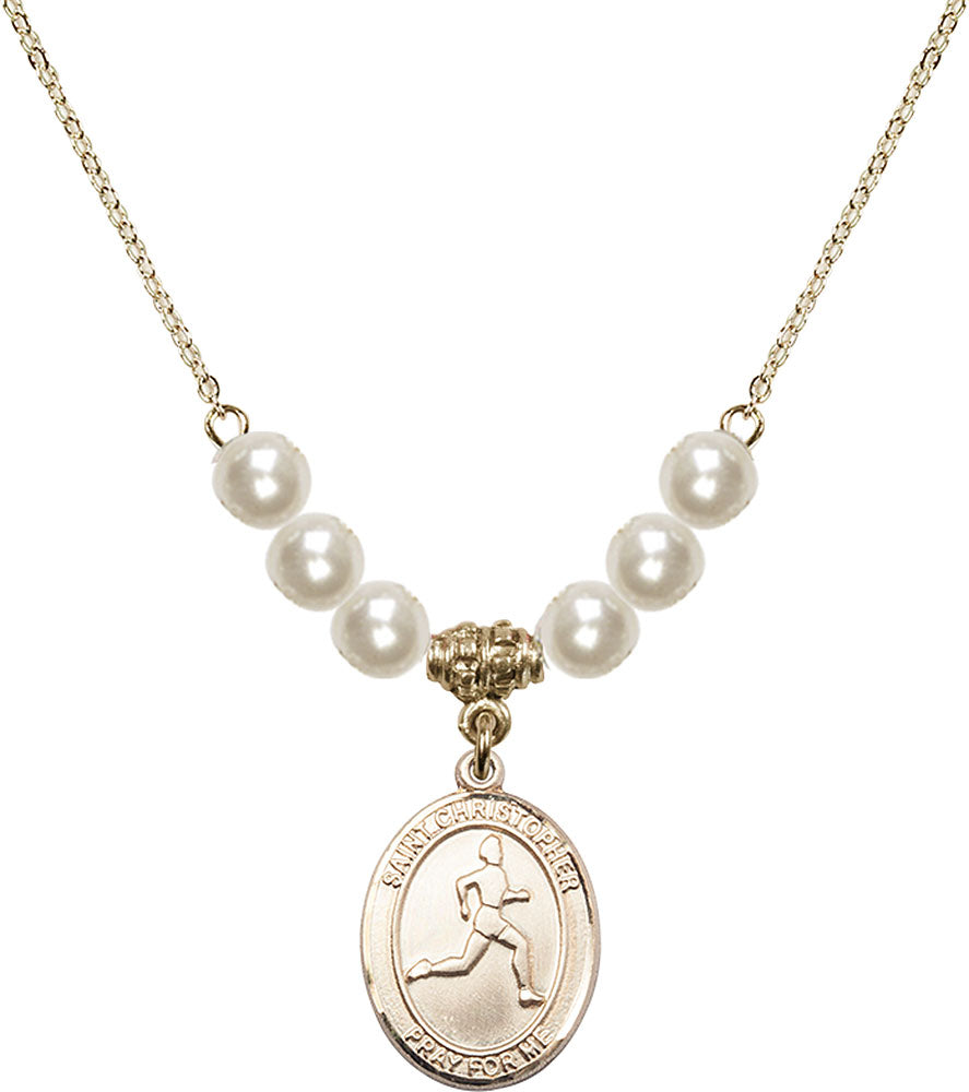 14kt Gold Filled Saint Christopher/Track & Field Birthstone Necklace with Faux-Pearl Beads - 8149