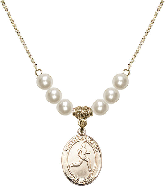 14kt Gold Filled Saint Christopher/Track & Field Birthstone Necklace with Faux-Pearl Beads - 8149