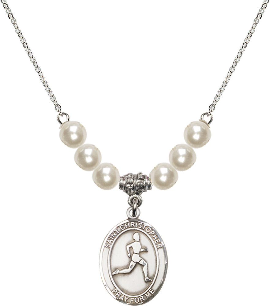 Sterling Silver Saint Christopher/Track & Field Birthstone Necklace with Faux-Pearl Beads - 8149