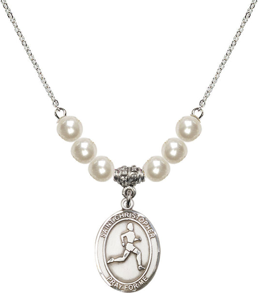 Sterling Silver Saint Christopher/Track & Field Birthstone Necklace with Faux-Pearl Beads - 8149