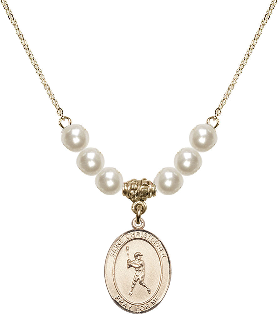 14kt Gold Filled Saint Christopher/Baseball Birthstone Necklace with Faux-Pearl Beads - 8150
